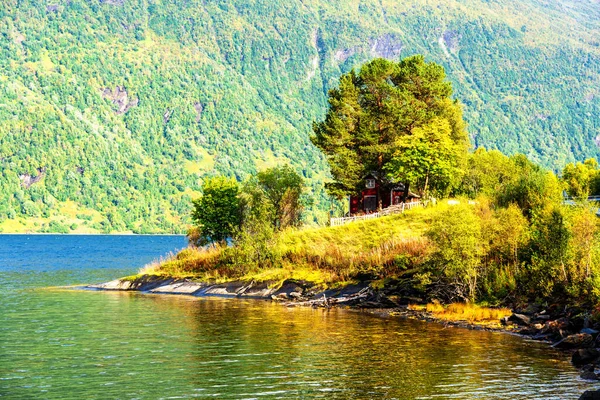 Paysage Côtier Norvégien Avec Une Maison Rouge Typique Les Maisons — Photo