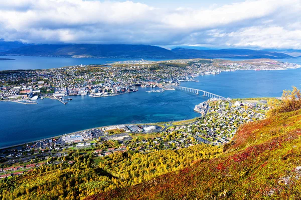 Vista Superior Del Hermoso Paisaje Otoñal Ciudad Tromso Norte Noruega —  Fotos de Stock