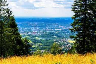 Polonya Beskid Maly 'deki Magurka yamaçlarından Bielsko Biala şehrinin panoramik görüntüsü. Bielsko, dağların eteklerinde iyi bir turistik altyapıya sahip bir şehirdir..
