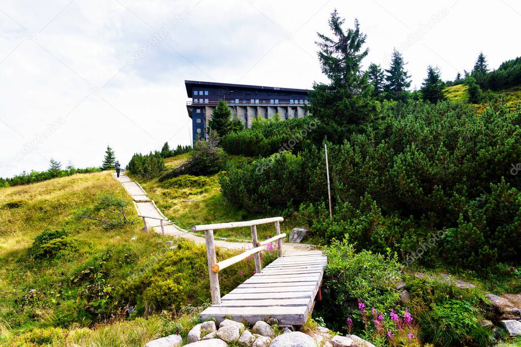 Mountain hotel Labska Bouda in Czech Krkonose mountains national park. Krkonose (Karkonosze in Polish) and part of Sudetes mountains.