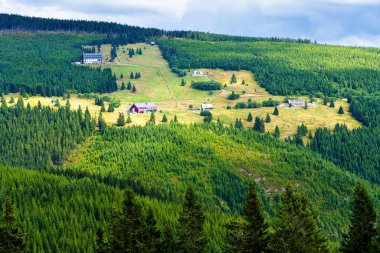 Polonya ve Çek Cumhuriyeti sınırındaki Karkonosze (Krkonose) dağları ve yürüyüş yolları manzarası. Güzel manzaralı yaz manzarası. Spindlerov Mlyn popüler bir turistik yerdir.