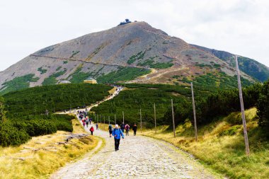 KARKONOSZE, POLAND - 15 AUG 2019: Polonya ve Çek Cumhuriyeti sınırındaki Karkonosze (Krkonose) dağlarındaki Sniezka zirvesinin görüntüsü. Güzel manzaralı güzel yaz manzarası.