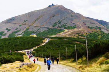KARKONOSZE, POLAND - 15 AUG 2019: Polonya ve Çek Cumhuriyeti sınırındaki Karkonosze (Krkonose) dağlarındaki Sniezka zirvesinin görüntüsü. Güzel manzaralı güzel yaz manzarası.