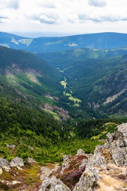Polonya ve Çek Cumhuriyeti sınırında yürüyüş yolları ve Karkonosze (Krkonose) dağlarının ulusal parkı görülüyor. Güzel manzaralı güzel yaz manzarası.