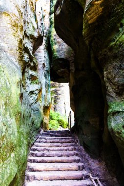 Adrspach Teplice Ulusal Parkı. Çek Cumhuriyeti 'nde kum taşı tepeleri ve oluşumlarından oluşan kaya kasabası