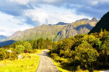 Norveç 'in Lofoten Adası' ndaki güzel dağ manzaralı sonbahar boyunca manzaralı asfalt yol. Yolculuk, seyahat, tatil, macera kavramı