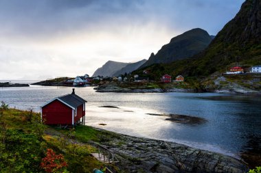 Tipik kırmızı bir evi olan Norveç kıyı manzarası. Tahta kırmızı evlere 