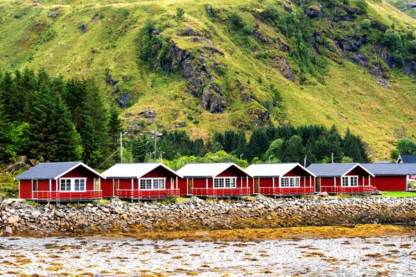 Paisagem Costeira Norueguesa Com Uma Típica Casa Vermelha Casas Vermelhas — Fotografia de Stock