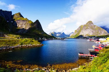 Reine, Lofoten, Norveç. Güneşli, mavi gökyüzünün altındaki Reine köyünde tipik rorbu evleri var..