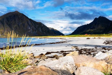 Kristal turkuaz suyla yıkanmış beyaz kumlar. Norveç, Lofoten Adaları 'ndaki Ramberg plajından deniz manzarası