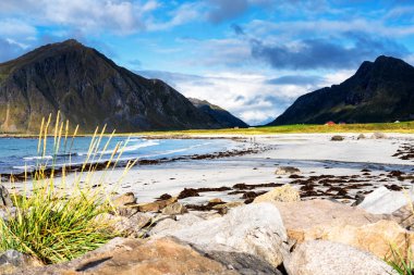 Kristal turkuaz suyla yıkanmış beyaz kumlar. Norveç, Lofoten Adaları 'ndaki Ramberg plajından deniz manzarası