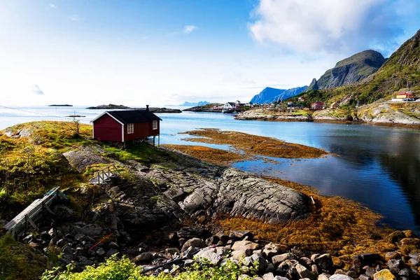 Norwegian Coast Landscape Typical Red House Wooden Red Houses Called — Stock Photo, Image