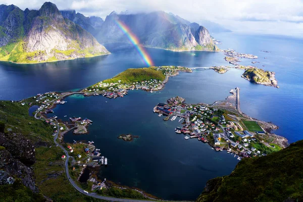 Sunny Aerial Panoramic View Stunning Mountains Village Reine Lofoten Islands — Stock Photo, Image