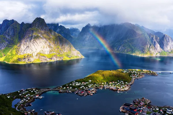 Sunny Aerial Panoramic View Stunning Mountains Village Reine Lofoten Islands — Stock Photo, Image