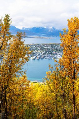 Kuzey Norveç 'teki Tromso kasabasının güzel sonbahar manzarasının en güzel manzarası - popüler kuzey ışığı turizm beldesi