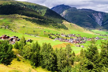 Vadideki tipik bir İsviçre köyü manzarası. İsviçre Alpleri