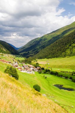 Vadideki tipik bir İsviçre köyü manzarası. İsviçre Alpleri