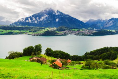 İsviçre 'deki bir Thun Gölü' nün panoramik görüntüsü