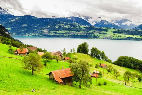 Panoramiczny Widok Jezioro Thun Szwajcaria — Zdjęcie stockowe
