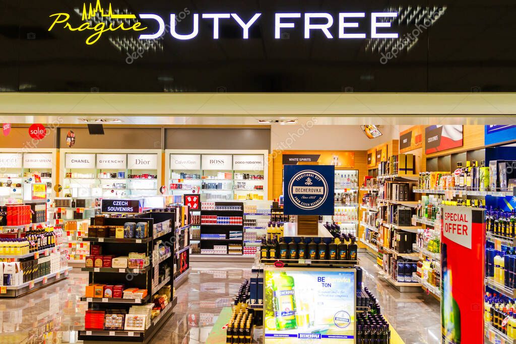PRAGUE, CZECH REPUBLIC - NOV 08: Duty Free shop on Nov 8, 2014 in Prague. Czech Rep. Duty free shops are retail outlets that are exempt from the payment of certain local or national taxes and duties