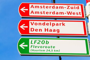 Bisiklet yolları Kılavuzu. Beyaz işaretiyle şehir adları, Hollanda