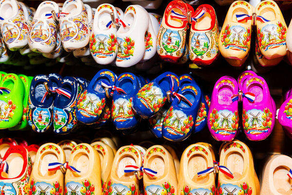 Clogs for sale at a Dutch retail shop. Wooden shoes are a well know traditional souvenir from Holland