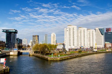 Arka planda binaları, gökdelenleri ve ofisleri olan Rotterdam şehri. Hollanda 'da.