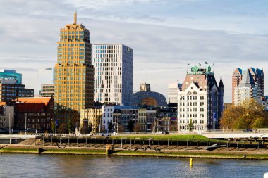 ROTTERDAM, NETHERLANDS 10 Kasım 2015 Rotterdam City Skyline, Hollanda. Rotterdam dünyanın en büyük limanlarından birine sahip..