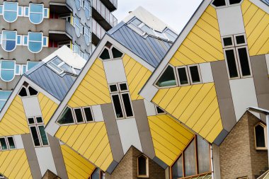 ROTTERDAM, NETHERLANDS - 10 Kasım 2014 'te Rotterdam, Hollanda' da Piet Blom tarafından tasarlanan ünlü küp evler. Her evin bir ağaç olduğu bir köyü temsil ediyorlar..