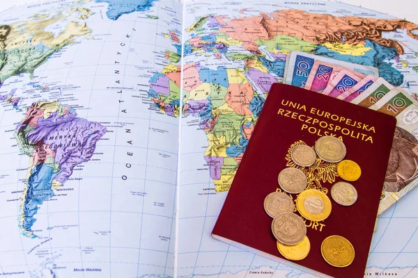 Red Passports Money Polish Zloty Dollars Map Background — Stock Photo, Image