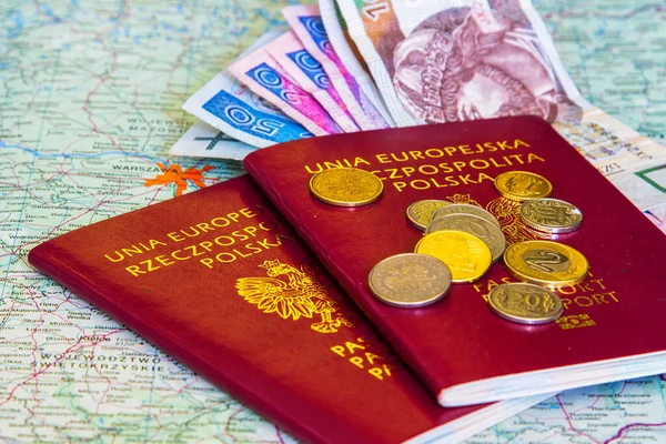 Red Passports Money Polish Zloty Map Background — Stock Photo, Image