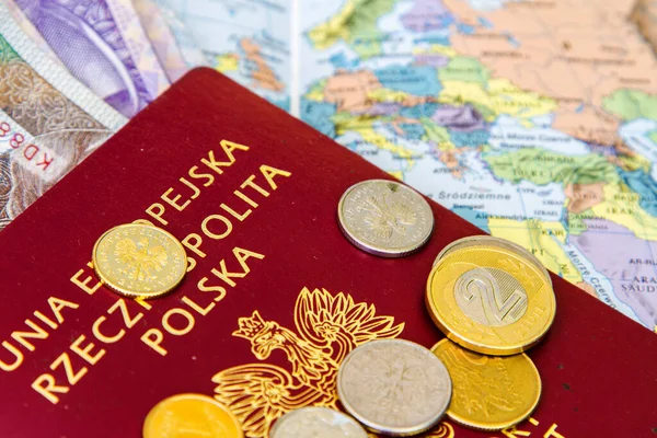 Red Passports Money Polish Zloty Dollars Map Background — Stock Photo, Image