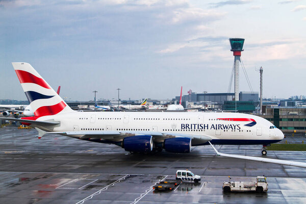 LONDON HEATHROW - APRIL 20: British Airways Airbus A380 taxis for take off on April 20, 2014 at London Heathrow Airport, London, UK