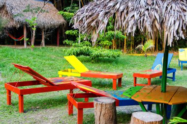 Arka bahçede tahta güneş yatağı.