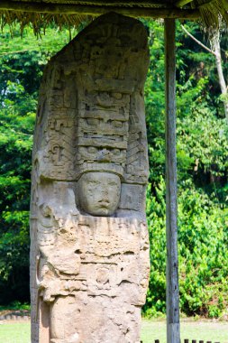 Quirigua arkeolojik alanı, Guatemala, Orta Amerika 'daki Stelae' de Maya hiyeroglifleri ve yüzleri var.