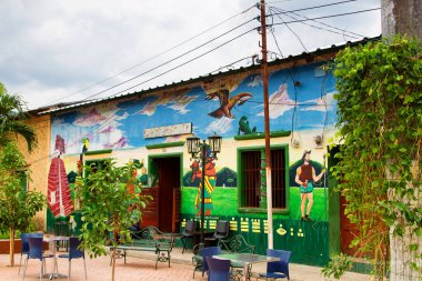 AHUACHAPAN, EL SALVADOR - MAYIS 07: Ahuachapan, El Salvador 'daki renkli kafe duvarı, 07 Mayıs 2014. Bina duvarları sanat resimleriyle süslenir..