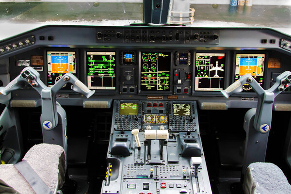 PANAMA CITY, PANAMA - MAY 08: Cockpit view inside the airliner Embraer 190 in Panama City, Panama on May 08, 2014.  Embraer 190 is a short haul flight airplane.