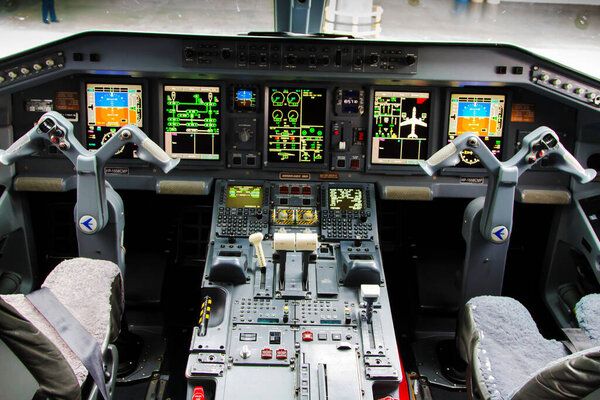 PANAMA CITY, PANAMA - MAY 08: Cockpit view inside the airliner Embraer 190 in Panama City, Panama on May 08, 2014.  Embraer 190 is a short haul flight airplane.