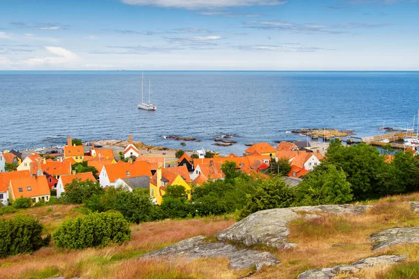 Panorama Picturesque Small Town Gudhjem Red Roofs Bornholm Island Denmark — Stock Photo, Image