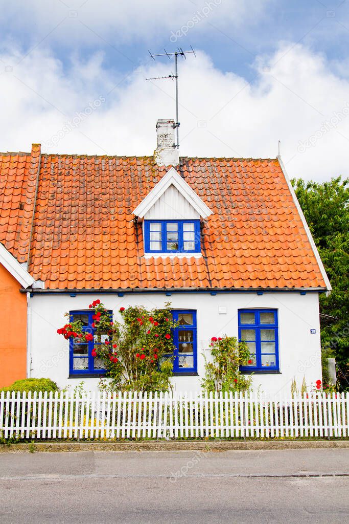 Front of a typical scandinavian style house on Danish island - Bornholm.