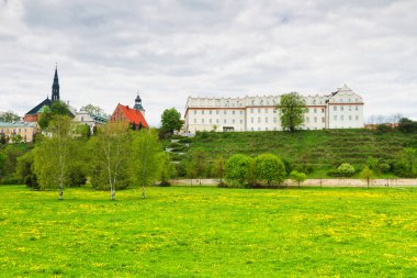 Wisla nehrinden Sandomierz Panoraması. Collegium Gostomianum, Jan Dlugosz 'un evi ve katedral bazilikası. Sandomierz, Polonya