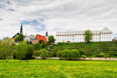 Wisla nehrinden Sandomierz Panoraması. Collegium Gostomianum, Jan Dlugosz 'un evi ve katedral bazilikası. Sandomierz, Polonya
