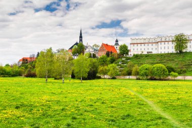 Wisla nehrinden Sandomierz Panoraması. Collegium Gostomianum, Jan Dlugosz 'un evi ve katedral bazilikası. Sandomierz, Polonya