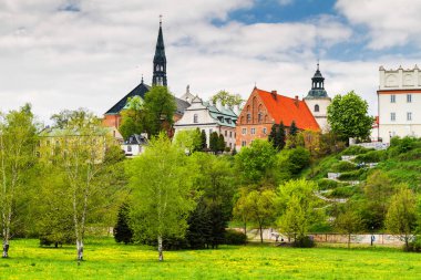 Wisla nehrinden Sandomierz Panoraması. Collegium Gostomianum, Jan Dlugosz 'un evi ve katedral bazilikası. Sandomierz, Polonya