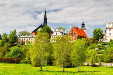 Wisla nehrinden Sandomierz Panoraması. Collegium Gostomianum, Jan Dlugosz 'un evi ve katedral bazilikası. Sandomierz, Polonya