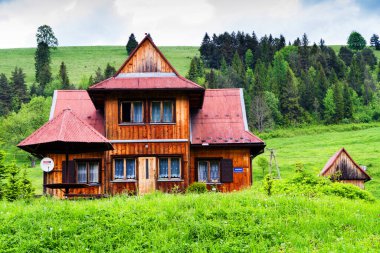 Polonya 'nın Pieniny dağlarındaki dağlarda eski, ahşap geleneksel bir ev.