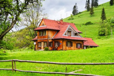 Polonya 'nın Pieniny dağlarındaki dağlarda eski, ahşap geleneksel bir ev.