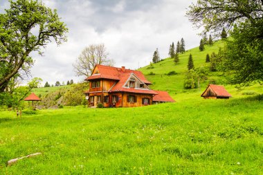 Polonya 'nın Pieniny dağlarındaki dağlarda eski, ahşap geleneksel bir ev.