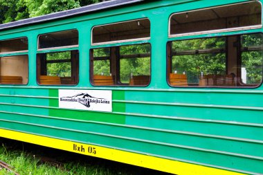 Dar ölçülü demiryolu, buhar treni. Polonya 'nın Bieszczady dağlarındaki Cisna' dan Przyslup 'a yaz trenine biner.