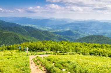 Dağlar manzaralı. Bieszczady Ulusal Parkı 'ndaki çayır ve orman manzarası. Karpat Dağları manzarası, Polonya. Mala ve Wielka Rawka 'ya giden yol.
